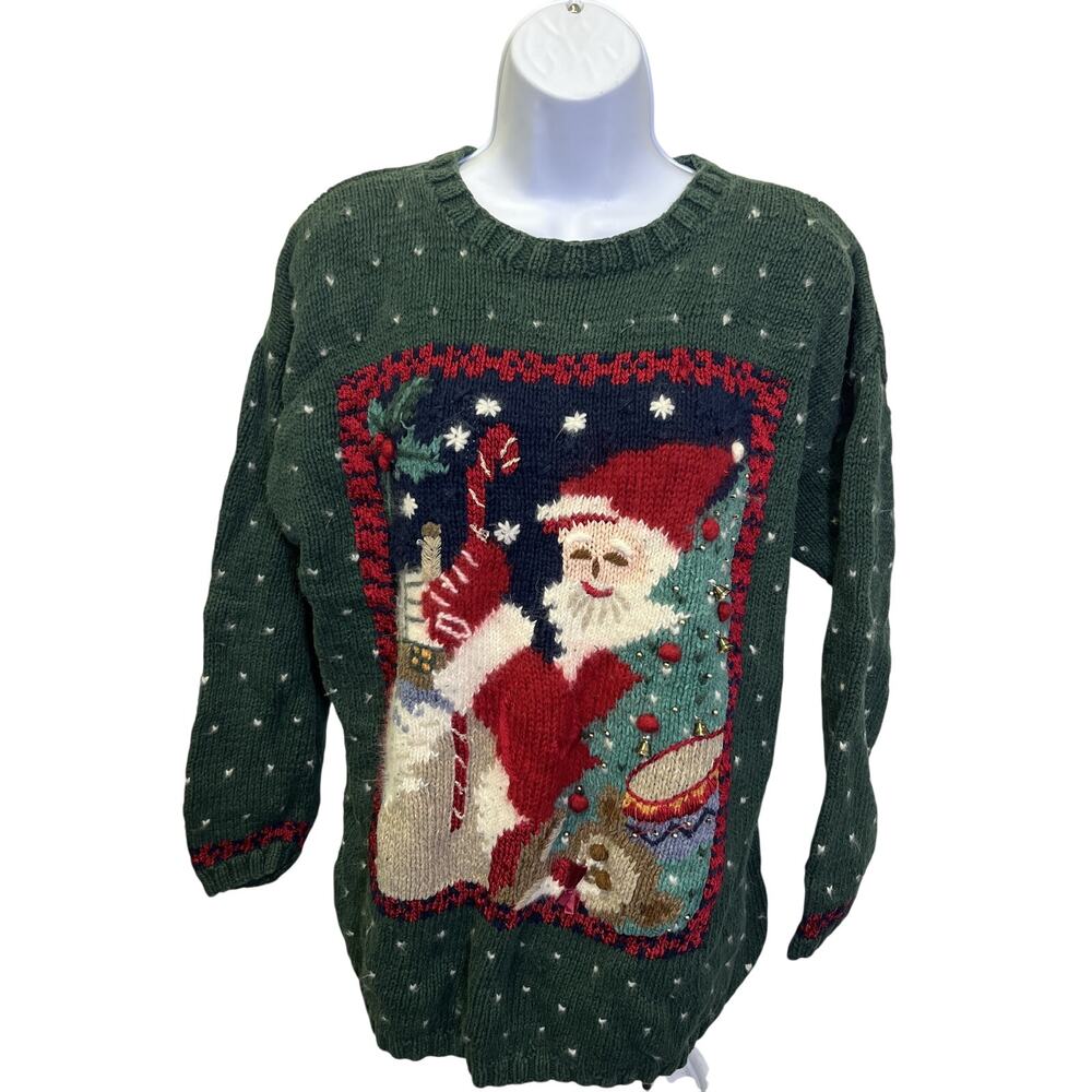 🎅VTG Lord & Taylor Handknit Santa Sweater Women’s S Green Holiday Cozy Knit Top - Picture 1 of 4
